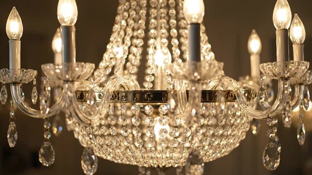 Elegant crystal chandelier with lit bulbs and draped crystals