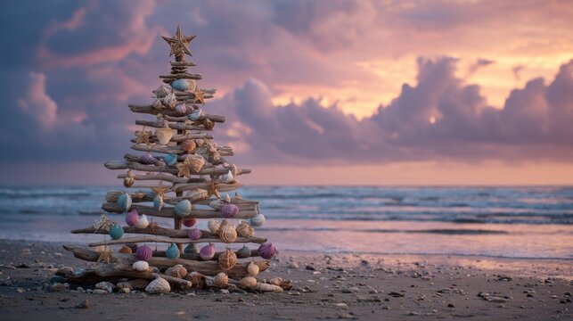 A seaside Christmas tree made of driftwood and sea shells on a quiet beach at sunset A whimsical Christmas tree floating in the clouds, decorated with stars and pastel ribbons