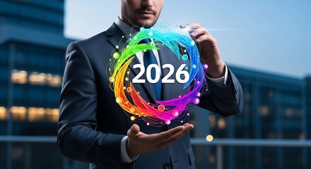 A man holding a colorful circle with the year twenty twenty six in it