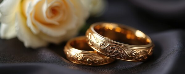Two ornate gold wedding rings rest on dark fabric near a pale rose. The fine metal detail suggests enduring love and marital commitment. These symbols represent eternal union and lasting devotion.