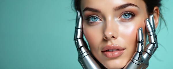 Woman with silver robotic hands touches her face. Future beauty technology concept. Sci fi woman with cybernetic arms, perfect skin, blue eyes. Healthcare, wellness, and medical innovation.