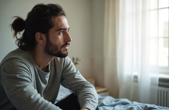 Young man with long hair and beard sits on bed looking out window. He wears grey sweater. Man appears thoughtful and concerned. His face shows signs of sadness. He seems lost in thought. - Powered by Adobe