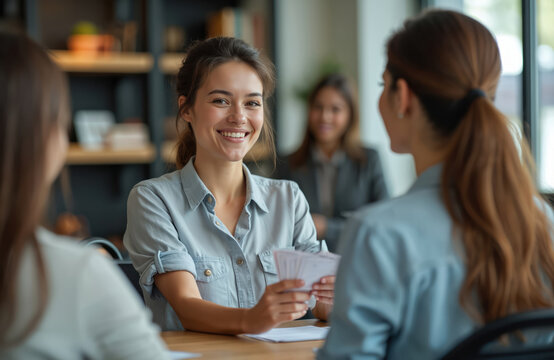 Smiling woman holds cards at table with clients. Brunette female consults customers. Positive agent offers best deal. Clients listen to proposals. Travel agency shows service and support indoors.