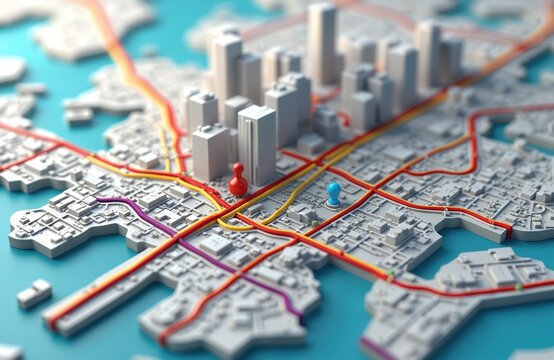 3D city map with transportation network. Grey buildings and roads on blue background. Colored lines and pins mark important locations. Modern urban planning and navigation concept.