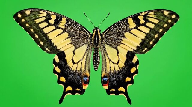 Close-up of Eastern Swallowtail Butterfly Papilio Glaucus with Yellow Black and Blue Markings on Vibrant Green Background