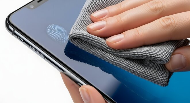 Hand cleaning a smartphone screen with a microfiber cloth to remove dirt