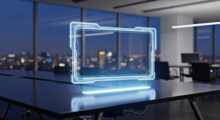 Futuristic holographic display in a modern office overlooking a city skyline at night