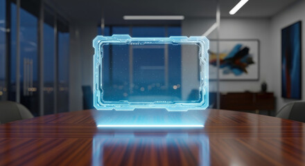 Futuristic holographic display on a sleek wooden table in a modern office with city skyline view