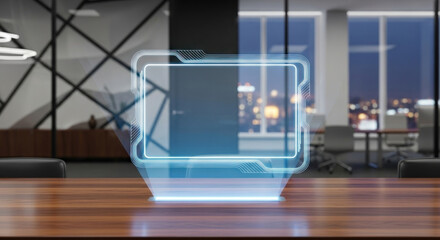 Futuristic holographic display on a wooden table in a modern office at night with city lights