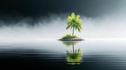 A single palm tree stands on a tiny, rocky island in the middle of a vast, calm body of water under a moody, misty sky.