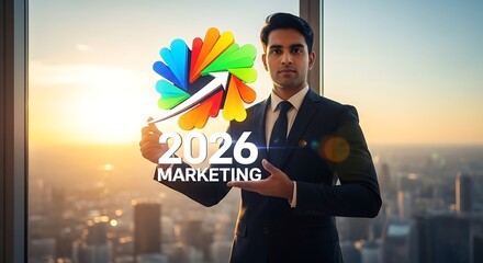 Man in suit presents marketing concept with arrow and cityscape view