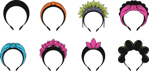 Colorful headband and floral crown collection, stylish women hair accessories, fashion head wrap, elegant decorative hairband vector illustration