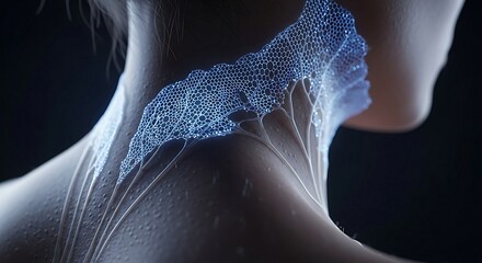 Futuristic Human Neck with Glowing Neural Network Overlay.