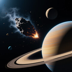 A large comet flies past planets in space.