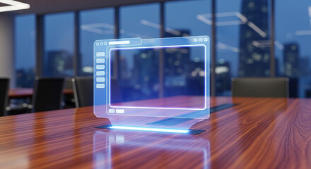 Futuristic holographic interface displayed on a conference table in a modern office during twilight