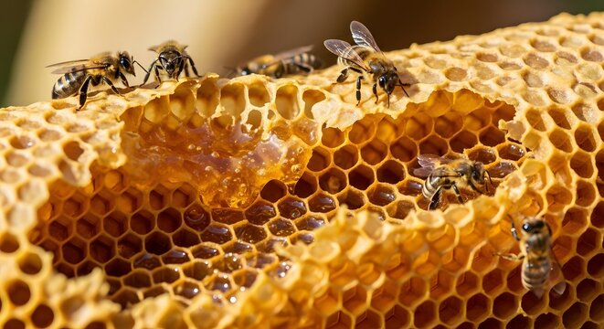 Bees on honeycomb with honey a close up of insects working on hive