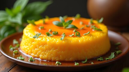 Vibrant mango pudding with fresh herbs on a rustic plate showcasing smooth, glossy, sweet dessert