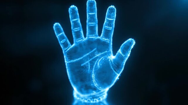 A digital hand forms from a pulse of glowing blue particles. Futuristic holographic animation for technology and biometrics. Virtual reality interface concept