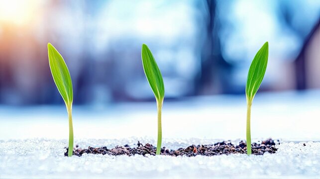 Three bright green sprouts push through the soil and a dusting of snow, with a soft, blurred background suggesting the transition from winter to spring.