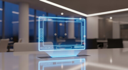 Futuristic holographic screen displayed on a table in a modern office during twilight hours