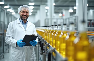 Worker in lab coat checks bottles of sunflower oil on conveyor belt in factory. Man holds clipboard, wearing hairnet and gloves, smiles. Production line process.