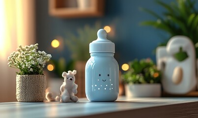 Charming light blue baby bottle with a cute face, teddy bear.