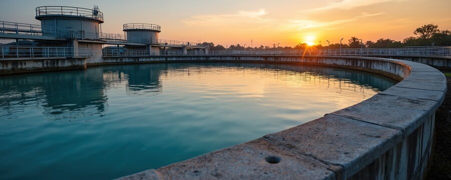 Water treatment plant with circular sedimentation tank. Recirculation solid contact clarifier for clean water production. Industrial facility for purification, reuse. Blue water in tank reflects