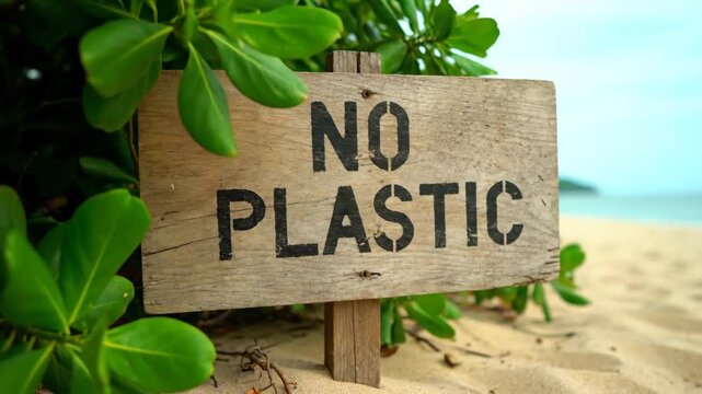 A "No Plastic" sign on a sandy tropical beach. Wooden placard with an environmental message against pollution. Conservation and plastic-free awareness concept