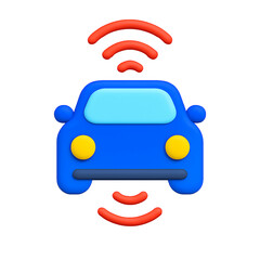 3d icon of blue autonomous car with red wifi signal isolated on transparent background