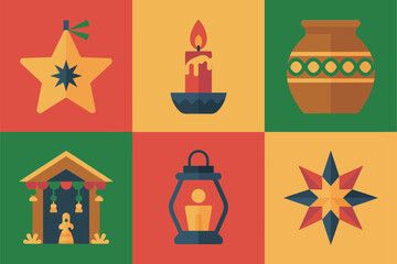 Detailed flat vector icons for Nativity scene, showing manger, lantern, star, candle, and traditional festive ceramic pot,