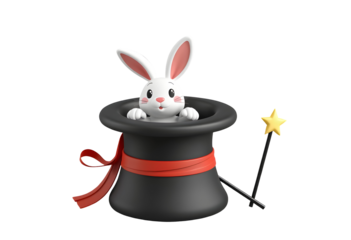 Cute 3D Cartoon Rabbit Emerging from a Magician's Top Hat with a Magic Wand