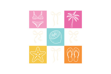 Colorful summer beach icon set. Girly vacation elements including bikini, starfish, and flip-flops Sublimation Design