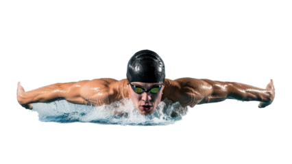 Focused Swimmer Performing Butterfly Stroke Mid Race Energetic Splash Water Isolated On A transparent Background