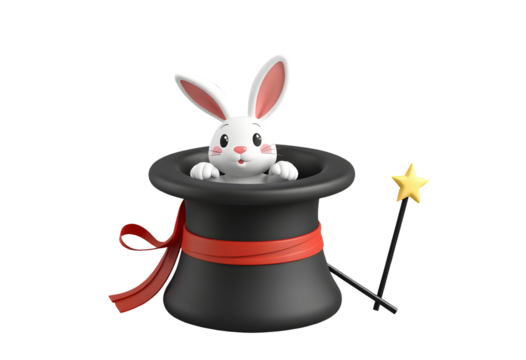 Cute 3D Cartoon Rabbit Emerging from a Magician's Top Hat with a Magic Wand