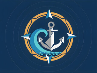 Nautical emblem featuring an anchor, compass rose, and waves within a circular golden frame on a dark blue background.