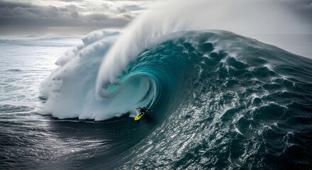 An incredible aerial photograph capturing a lone surfer masterfully riding inside the tube of a massive, powerful turquoise ocean wave under a dramatic stormy sky