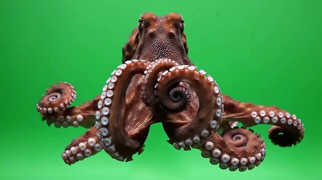 Close-Up Shot of a Brown Octopus Displaying Its Tentacles Against a Green Background for VFX Applications and Promotional Campaigns