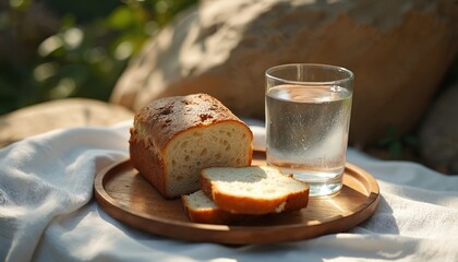 Loaf of bread and glass of water sit on wooden tray. Slices of white bread next to whole loaf. Simple sustenance for spiritual reflection or fasting.
