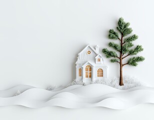 A serene scene with a christmas decorative house placed next to a delicate fir branch on a clean white wooden background the spacious left side is perfect for adding your personalized holiday message 