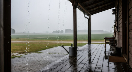 Rainy Day on the Porch - A Tranquil Rural Scene.