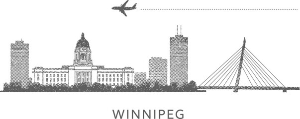 Obraz premium Winnipeg Skyline with Airplane and Cable-Stayed Bridge Silhouette