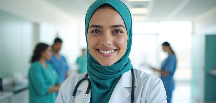 Smiling Muslim doctor wears hijab and lab coat with stethoscope. Medical professional consults with patient or colleague in clinic hallway. Staff work together at hospital.