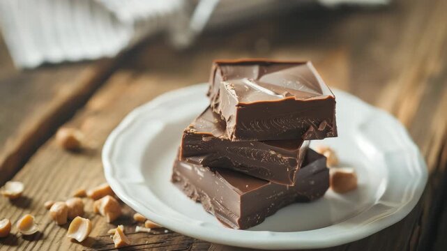 Three pieces of chocolate fudge stacked on white plate
