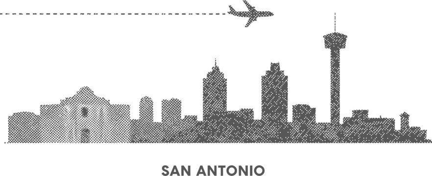 San Antonio Skyline with Airplane and Dashed Flight Path
