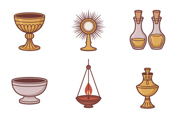 Flat vector icons for liturgical vessels, featuring chalice, monstrance, thurible, cruets, and various sacred instruments,