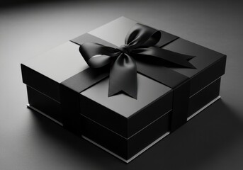 Black Gift Box With Satin Ribbon Bow On Dark Surface image
