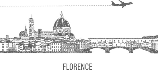 Fototapeta premium Florence Cityscape with Airplane and Ponte Vecchio Landmark