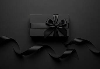 Black gift box with satin ribbon on dark background
