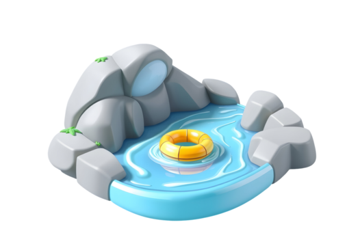 Cute 3D Isometric Pool with Rocks and Inflatable Ring