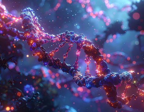 Close-up of a glowing, blue and purple double helix